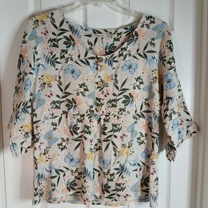 Laura Bianchi Bufferfly & Floral Linen Blouse Sz Small